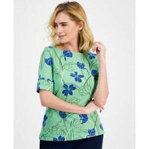 Style & Co Petite Tulip Menagerie Elbow-Sleeve Knit Top Tulip Green Large Petite